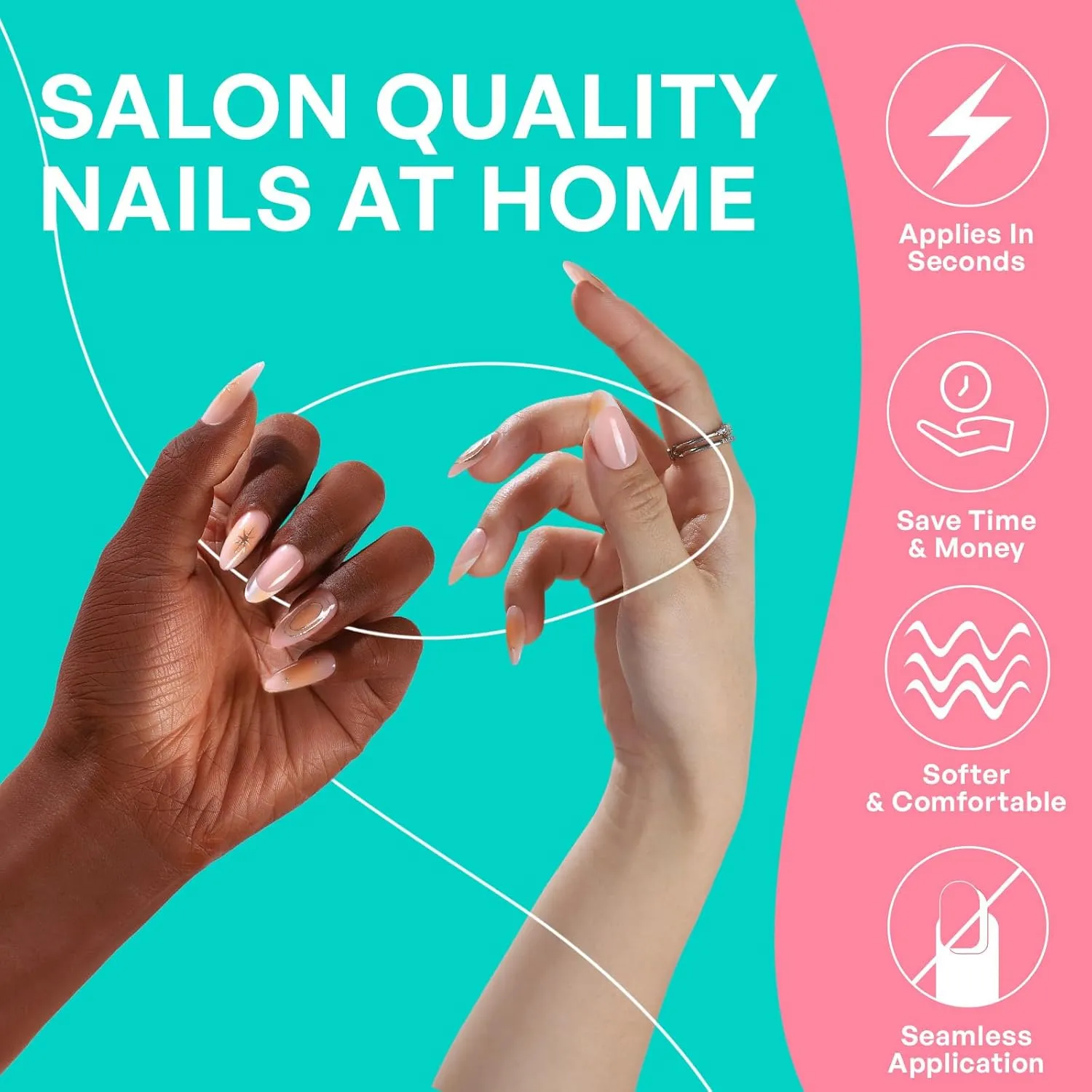 Star Celestial Press On Nails Almond - GJZEZ Medium 3D Gold Swirl Blush Fake Nails, Fits Natural & Comfortable French Tips Glossy Wedding Nails |16 Sizes - 32 Reusable Nail Kit with Glue, Starry Aura