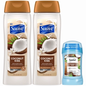 Suave Body Wash 2-Pack   Antiperspirant Deodorant, Coconut Kiss – Gentle Body Washes with Vitamin E & Anti-Staining Invisible Solid Deodorant Stick, 48H of Protection