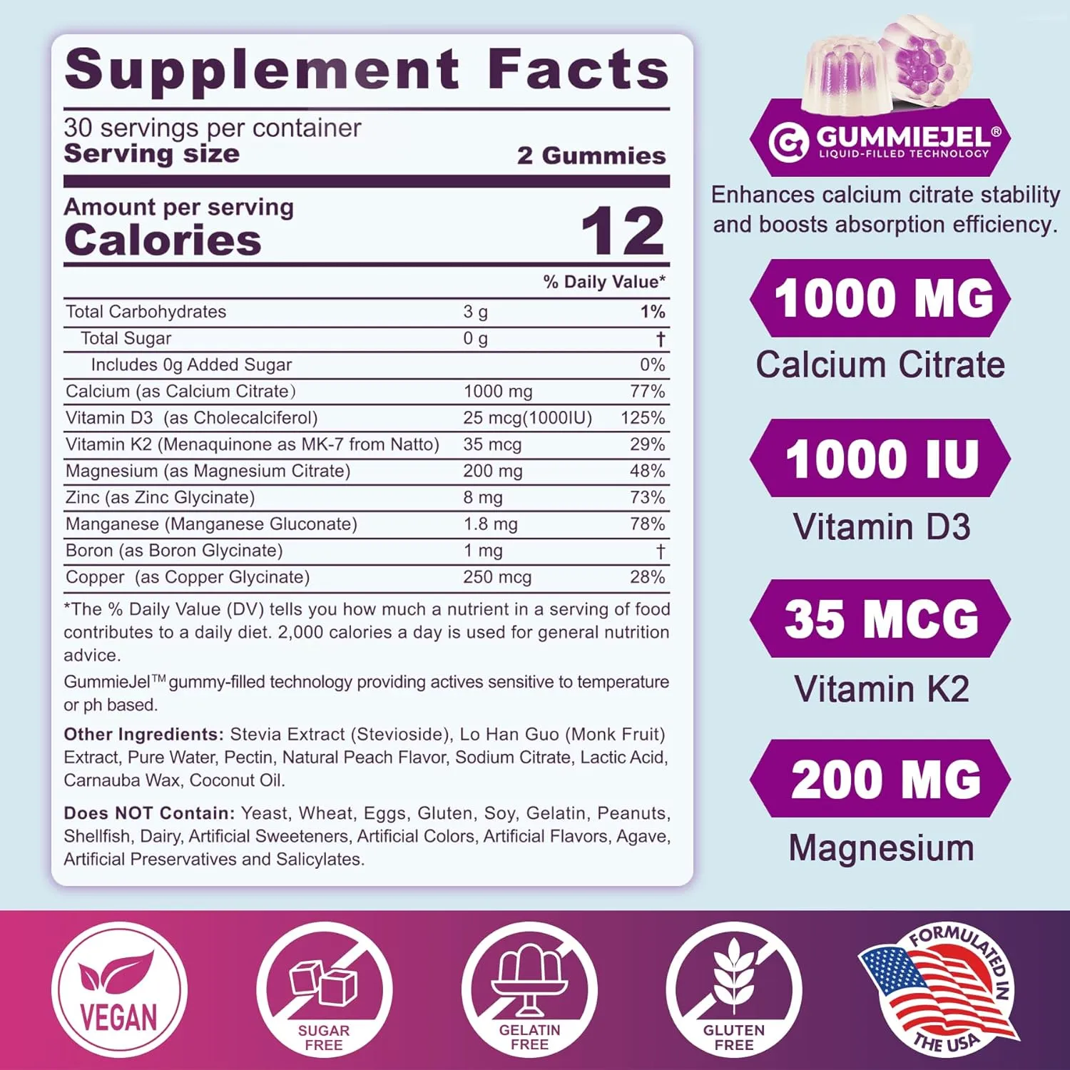 Sugar Free Calcium Citrate Gummies for Women & Men 1000mg, Vitamin D3 K2, Magnesium, Zinc, Boron, Manganese, Copper, Ultimate Absorption Calcium Supplements for Bone, Muscle & Immune - Vegan, 60 Count