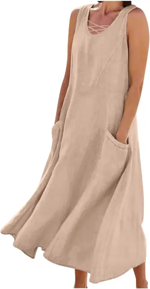 Summer Dresses for Women Casual Tank Sundress Criss Cross V Neck Sleeveless Beach Vacation Maxi Dresses with Pockets