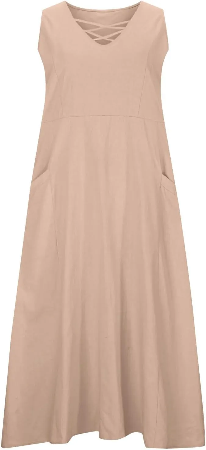 Summer Dresses for Women Casual Tank Sundress Criss Cross V Neck Sleeveless Beach Vacation Maxi Dresses with Pockets