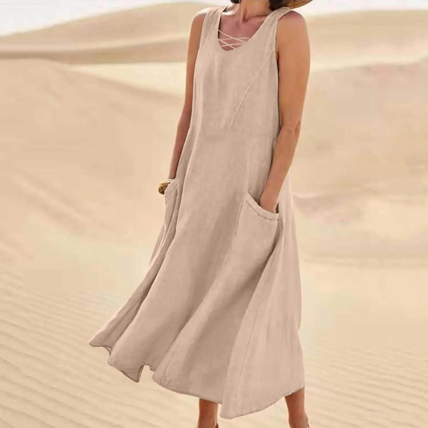 Summer Dresses for Women Casual Tank Sundress Criss Cross V Neck Sleeveless Beach Vacation Maxi Dresses with Pockets
