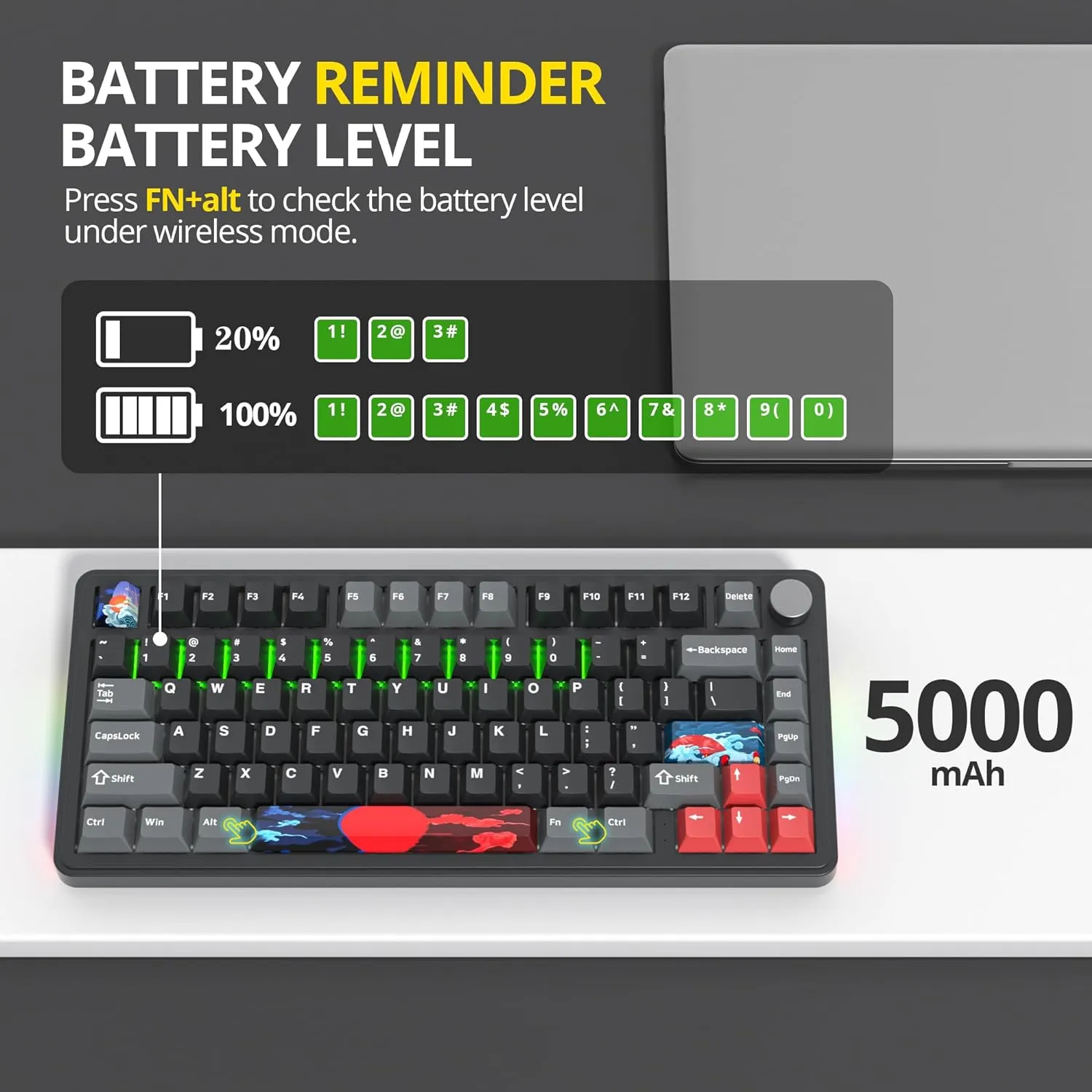 surmen M75 75% Wireless Creamy Keyboard with Gasket, Pre-lubed Triple Mode Bluetooth Mechanical Gaming Keyboard BT5.0/2.4Ghz/USB with Sound Absorbing Pads Hot-Swap(Shadow Red)