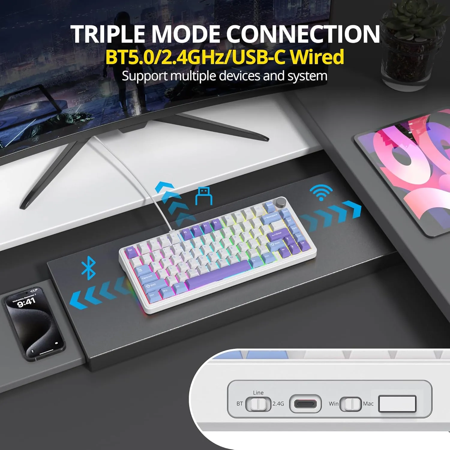 surmen M75 75% Wireless Creamy Keyboard with Gasket, Pre-lubed Triple Mode Bluetooth Mechanical Gaming Keyboard BT5.0/2.4Ghz/USB with Sound Absorbing Pads Hot-Swap(Starlight White)