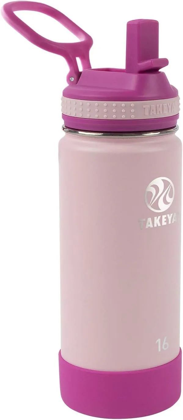 Takeya Actives Kids Water Bottle with Straw Lid - Stainless-Steel Double Wall Insulation - BPA-Free Bottle Lid with Carry Handle - Reusable Bottle with Straw Lid - 16 oz, Blush / Super Pink
