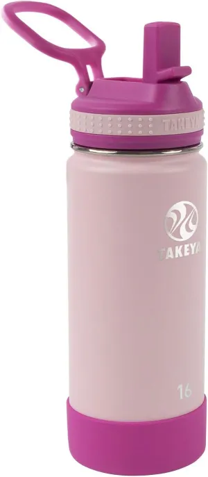 Takeya Actives Kids Water Bottle with Straw Lid - Stainless-Steel Double Wall Insulation - BPA-Free Bottle Lid with Carry Handle - Reusable Bottle with Straw Lid - 16 oz, Blush / Super Pink