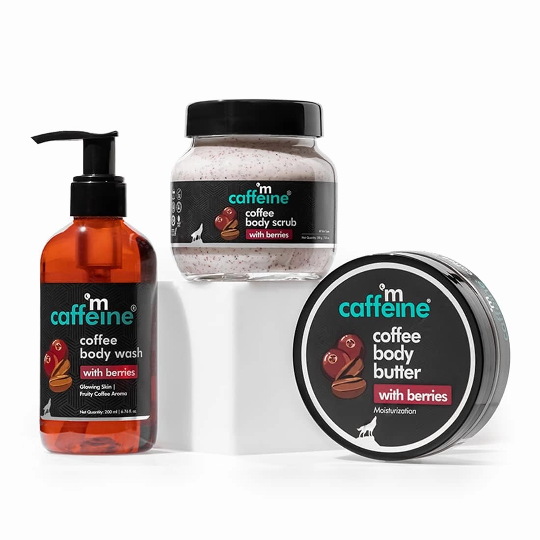 The m'Caffeine Deep Body Cleansing Trio with Coffee & Berries Body Scrub, Body Wash & Body Butter | Deep Cleanses, Exfoliates & Moisturizes | Combo Pack of 3 for Men & Women | 100% Vegan