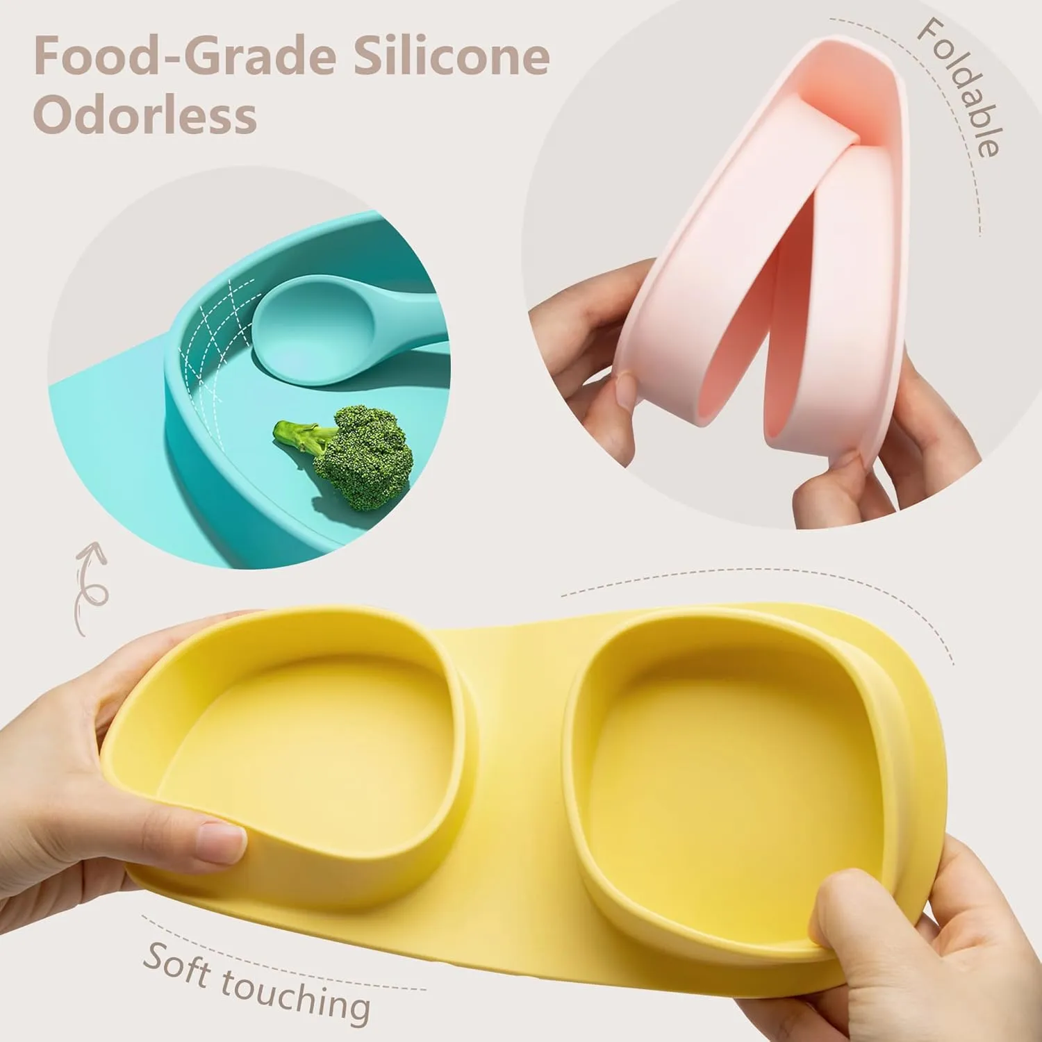 Toddler Plates Travel Essential on the go,Baby Plates with Forks and Spoons Self Feeding 6 months,Foldable,Silicone,BPA Free,Blush