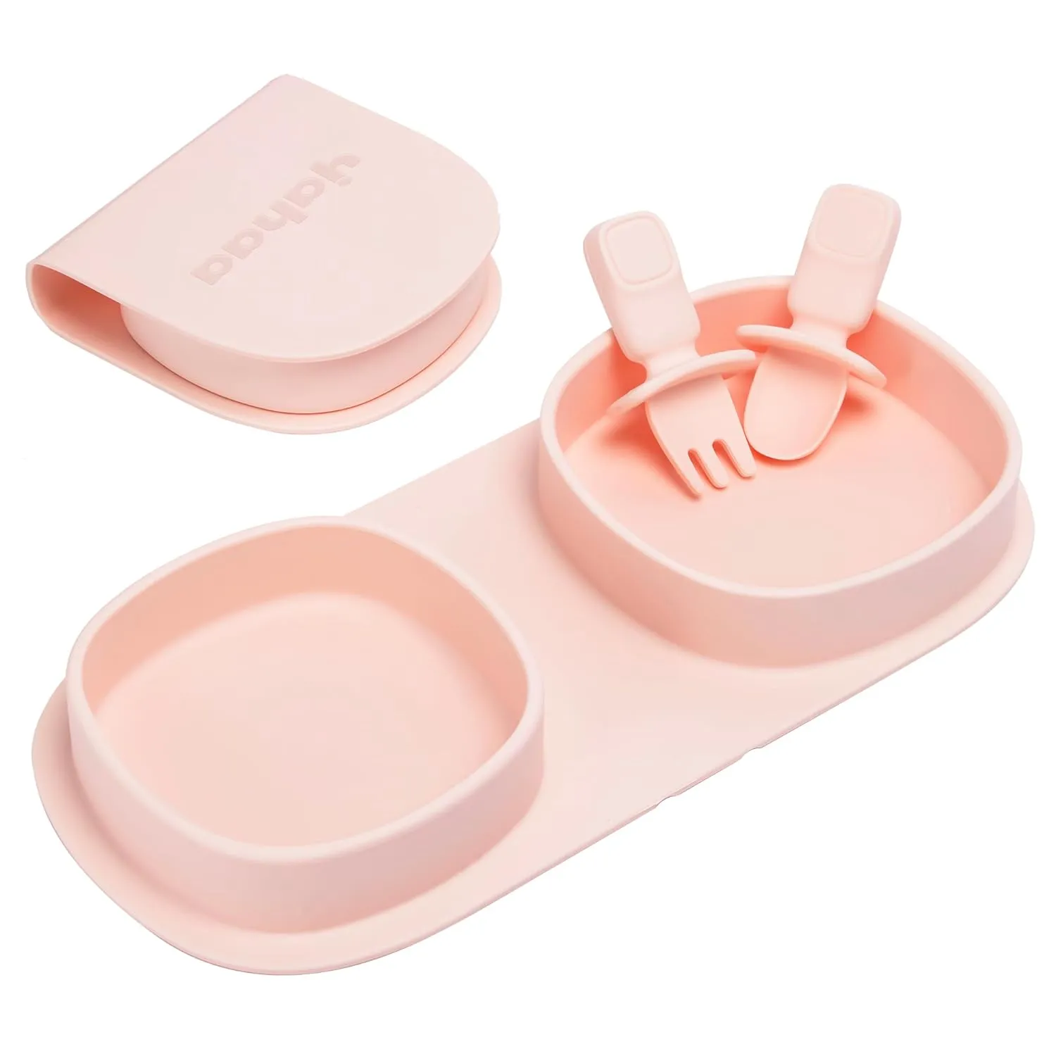Toddler Plates Travel Essential on the go,Baby Plates with Forks and Spoons Self Feeding 6 months,Foldable,Silicone,BPA Free,Blush