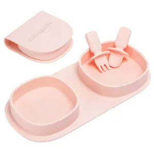 Toddler Plates Travel Essential on the go,Baby Plates with Forks and Spoons Self Feeding 6 months,Foldable,Silicone,BPA Free,Blush