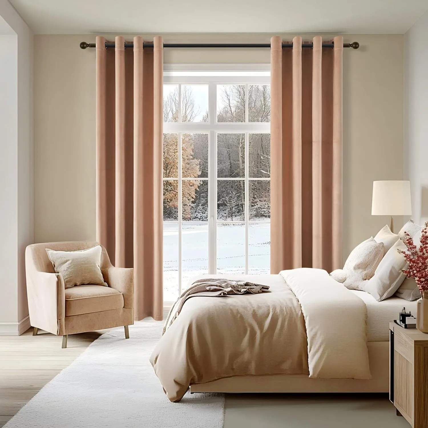 Topfinel Blush Beige Velvet Curtains Blackout Curtains 84 Inches Long,Room Darkening Thermal Insulated Soundproof Modern Nursery Grommet Crushed Velvet Drapes for Bedroom 2 Panels