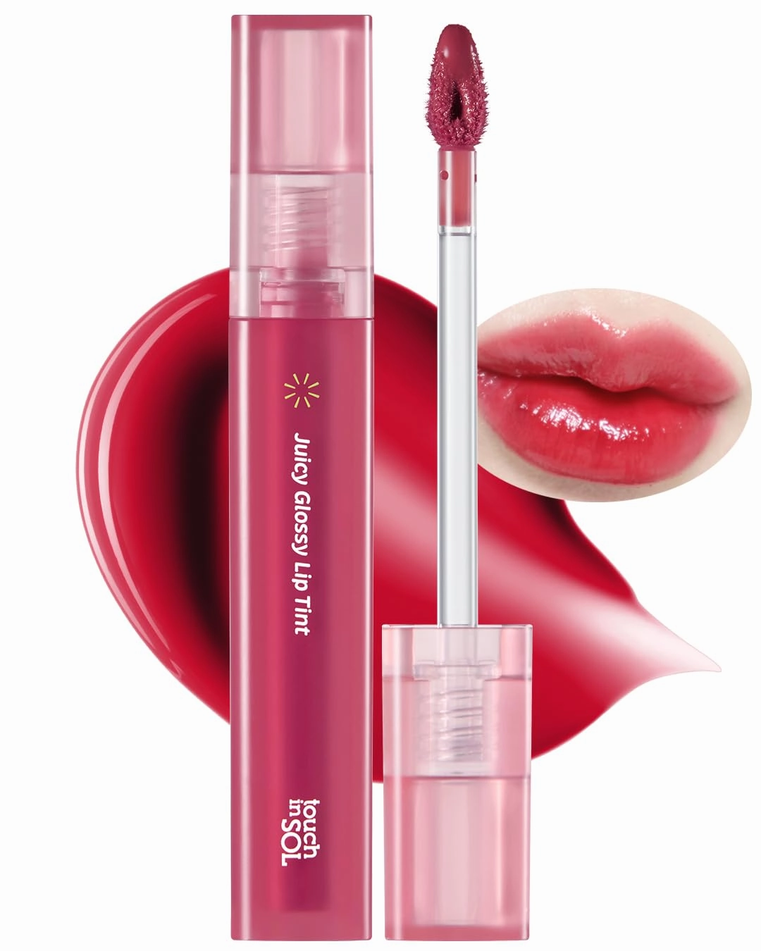 Touch in Sol Vegan Again Juicy Glossy Lip Tint - High Pigmented & Glossy Korean Lip Tint - Shiny Translucent Color - Glowy Hydrated Lips, Moisturizing and Plumping, 0.13 fl.oz. (04 Cherry Rose)
