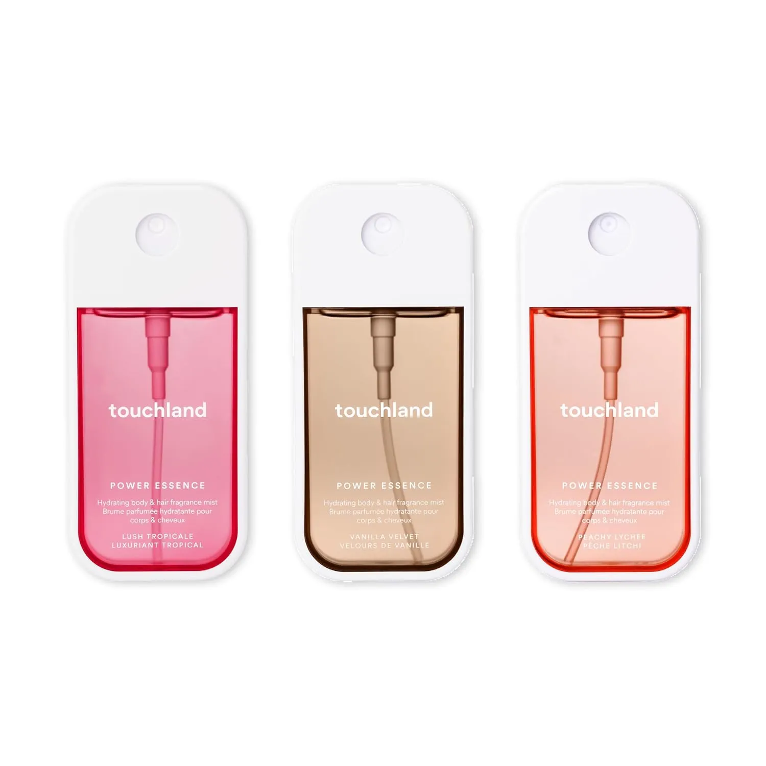 Touchland Power Essence Hydrating Body & Hair Fragrance, SUMMER DAYDREAM SET (Lush Tropicale, Peachy Lychee, Vanilla Velvet), 2 FL. OZ. Travel Size Body Mist (Set of 3)