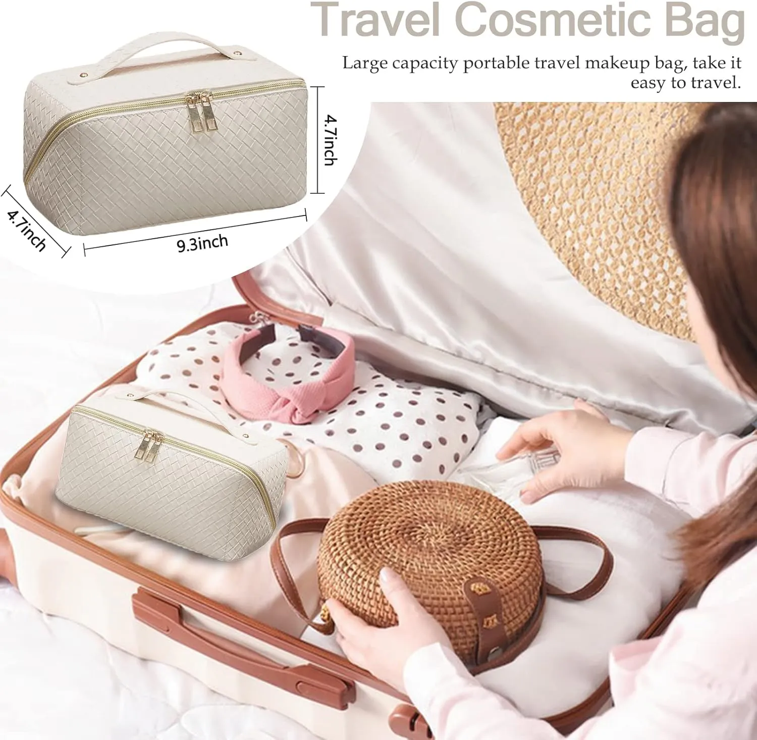 Travel Makeup Bag Large Checkered Capacity Cosmetic Bag with Compartment Waterproof PU Leather Portable Woven Makeup Bag for Women and Girl Cosmetic Organizer Bag, Beige
