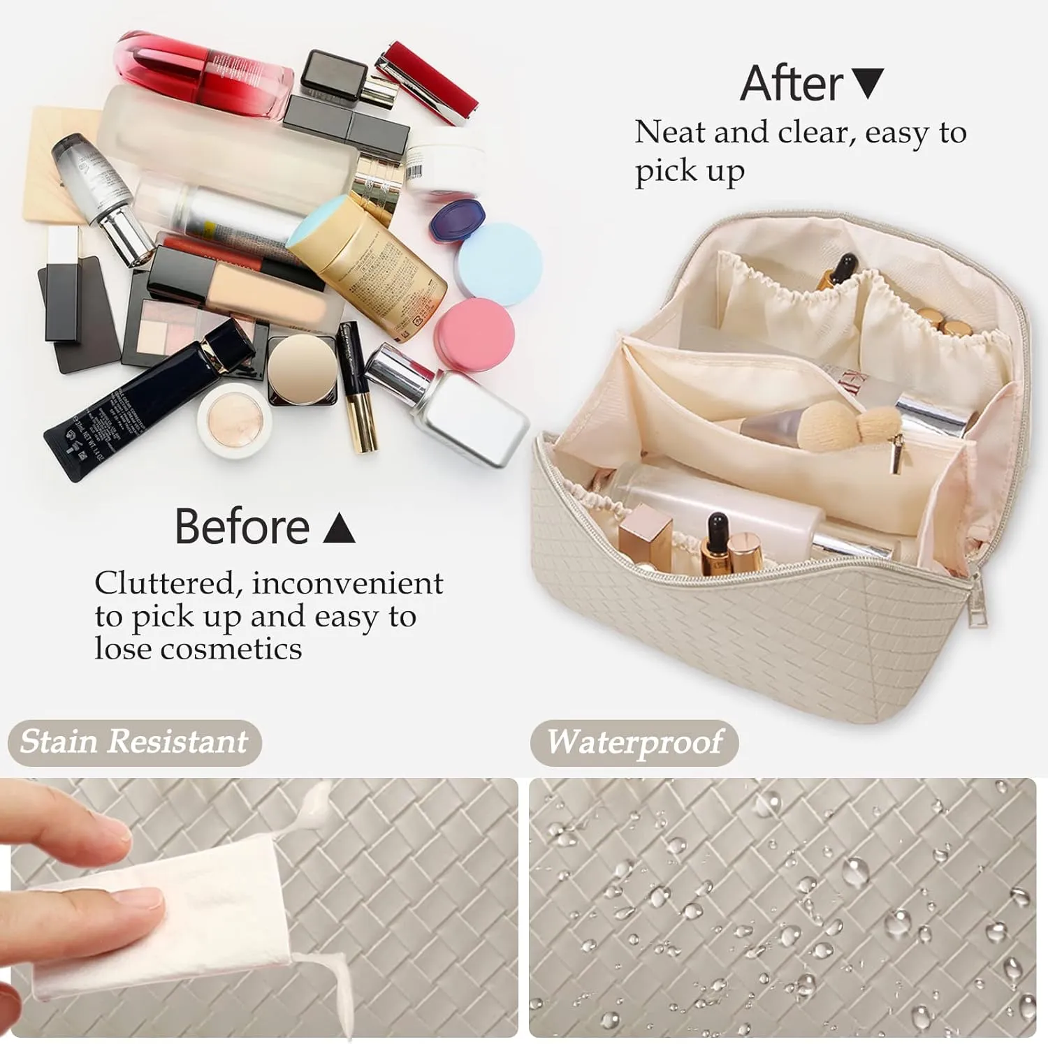 Travel Makeup Bag Large Checkered Capacity Cosmetic Bag with Compartment Waterproof PU Leather Portable Woven Makeup Bag for Women and Girl Cosmetic Organizer Bag, Beige