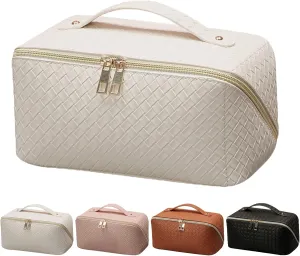 Travel Makeup Bag Large Checkered Capacity Cosmetic Bag with Compartment Waterproof PU Leather Portable Woven Makeup Bag for Women and Girl Cosmetic Organizer Bag, Beige