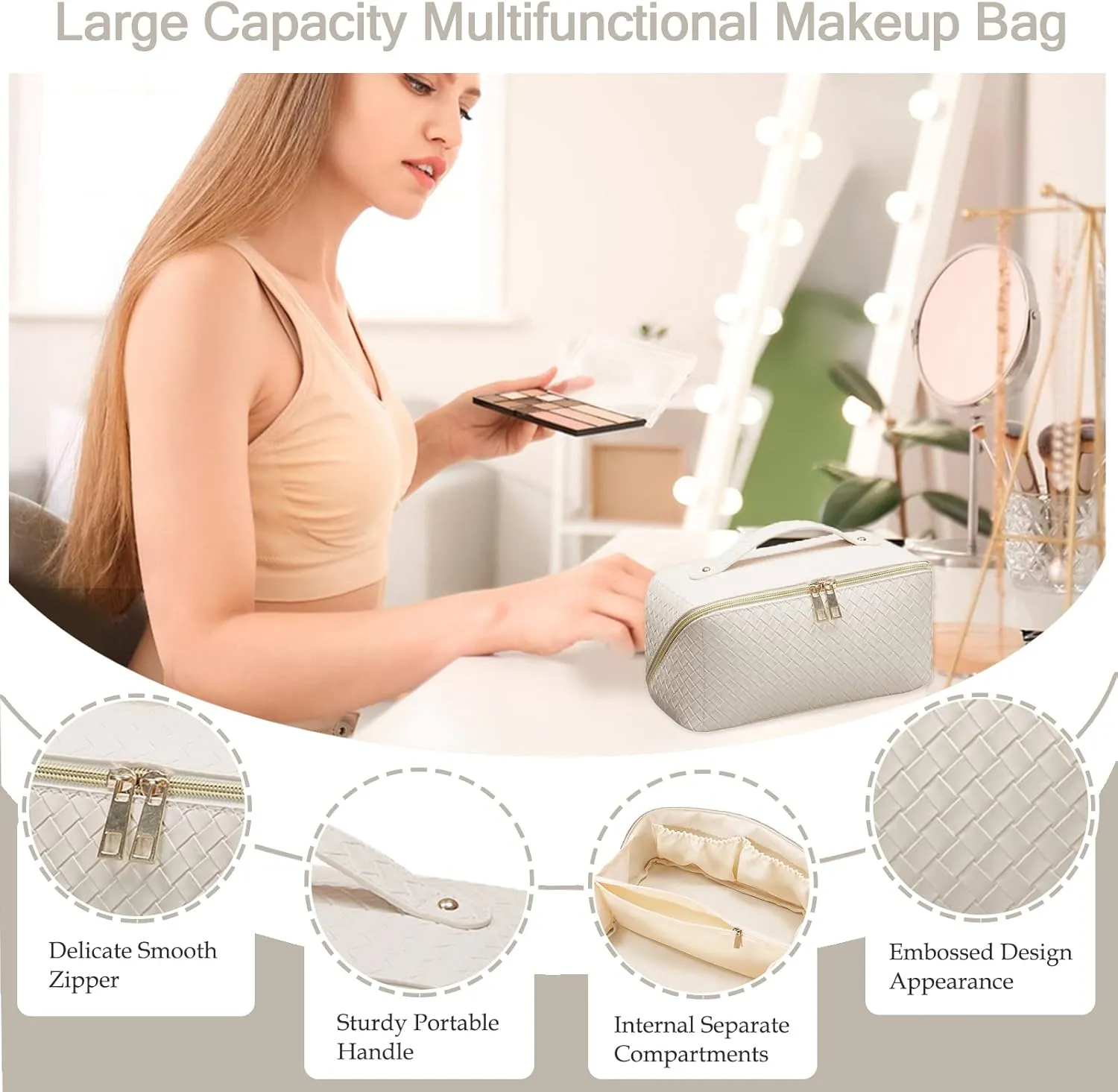Travel Makeup Bag Large Checkered Capacity Cosmetic Bag with Compartment Waterproof PU Leather Portable Woven Makeup Bag for Women and Girl Cosmetic Organizer Bag, Beige