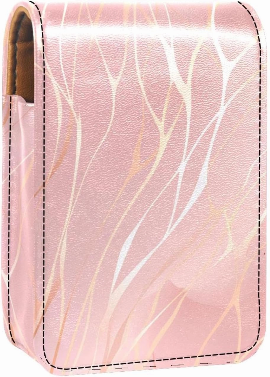 Travel Lipstick Organizer Case,Lipstick Case Portable Makeup Bag With Mirror,Abstract Marble Print Rose Gold