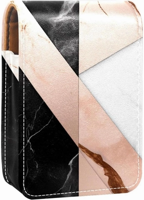Travel Lipstick Organizer Case,Lipstick Case Portable Makeup Bag With Mirror,Black White Rose Gold Marble