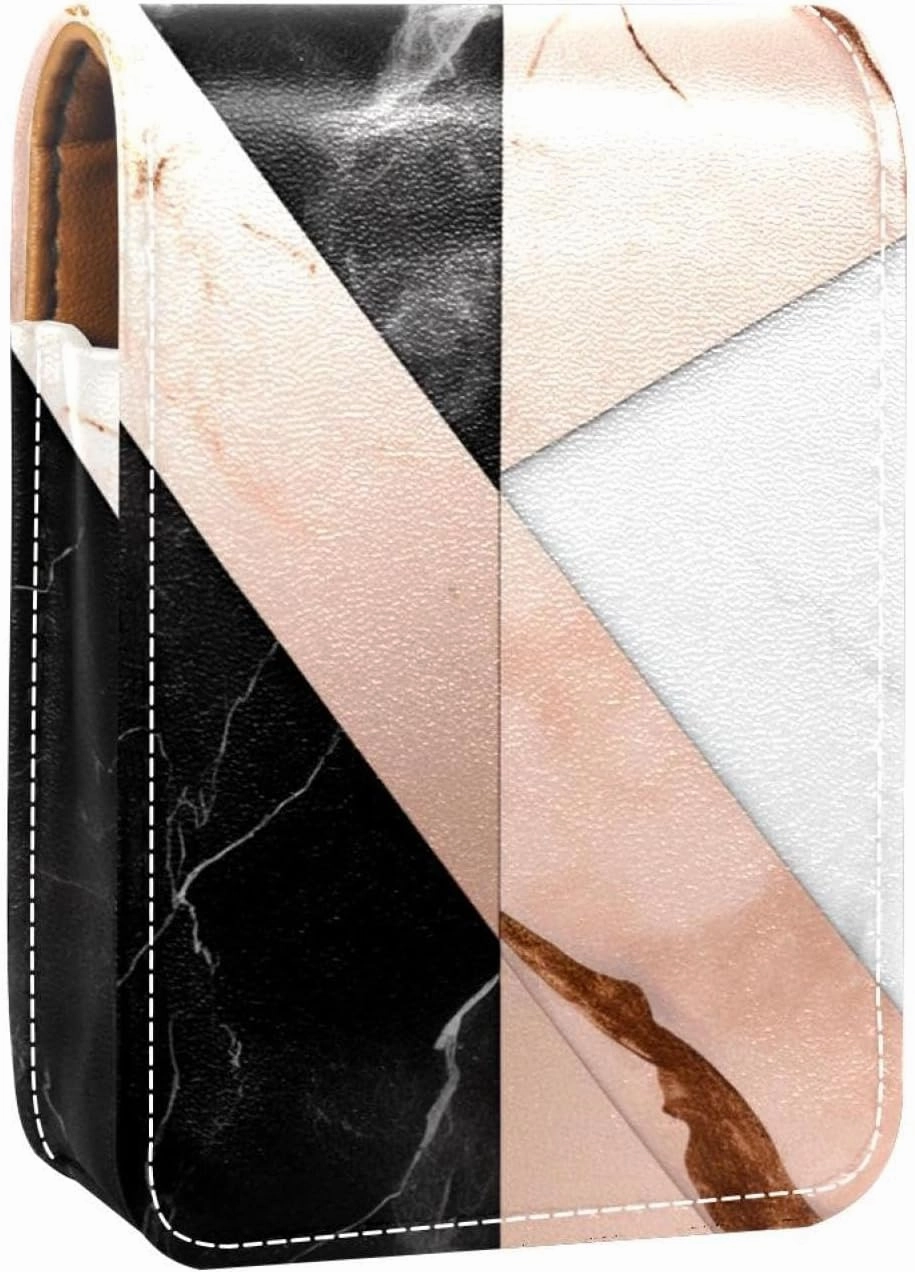 Travel Lipstick Organizer Case,Lipstick Case Portable Makeup Bag With Mirror,Black White Rose Gold Marble