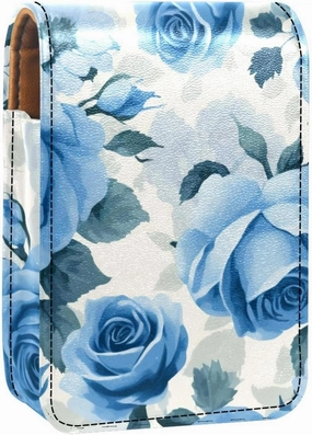 Travel Lipstick Organizer Case,Lipstick Case Portable Makeup Bag With Mirror,Vintage Rose Blue Flower