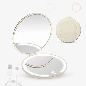 Travel Makeup Mirror with Light 1x/5x Magnification Compact Portable Mirror Mini LED Pocket Mirror Double Sided USB Rechargeable Touch Screen for Handbag Purse Girls Women Gifts Beige