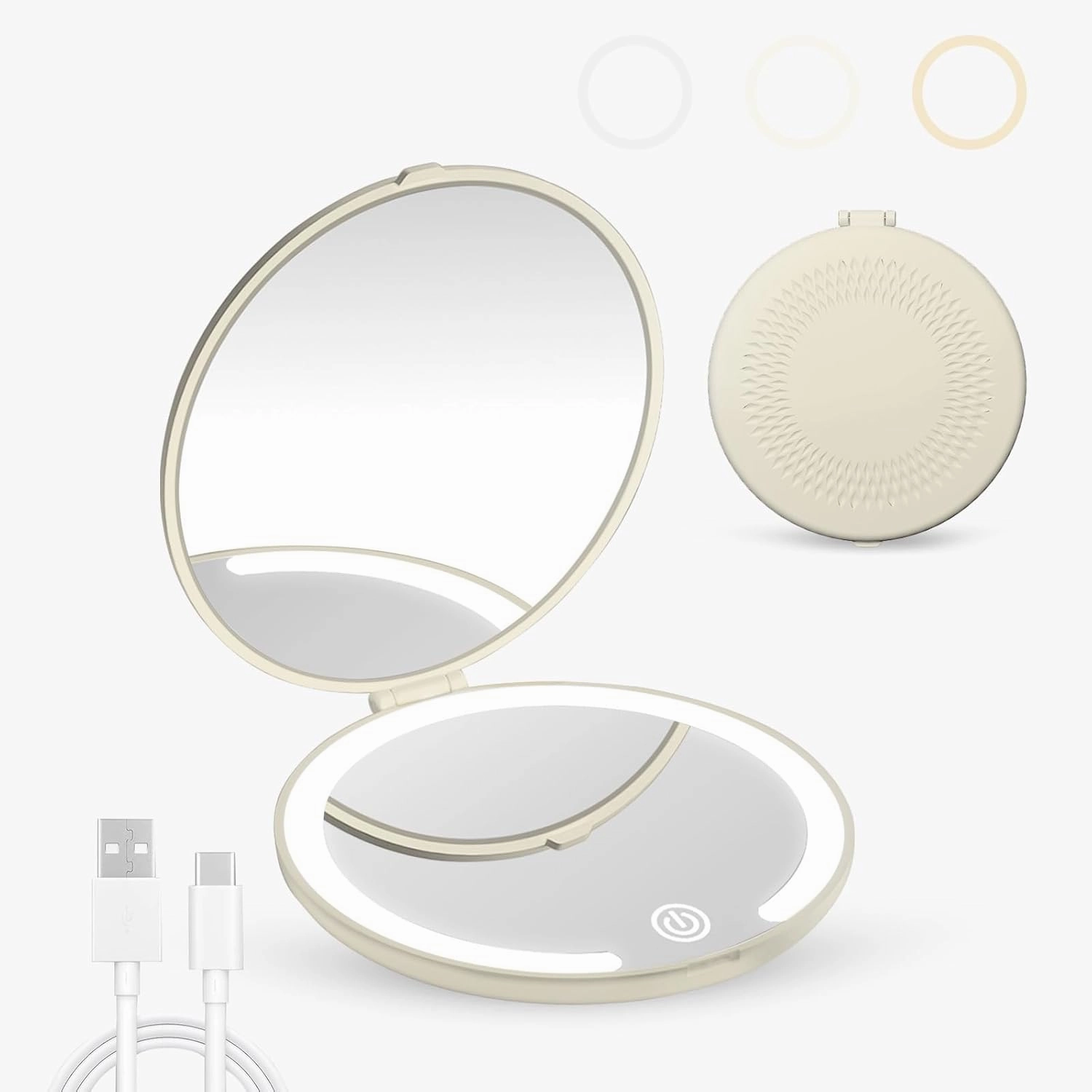 Travel Makeup Mirror with Light 1x/5x Magnification Compact Portable Mirror Mini LED Pocket Mirror Double Sided USB Rechargeable Touch Screen for Handbag Purse Girls Women Gifts Beige