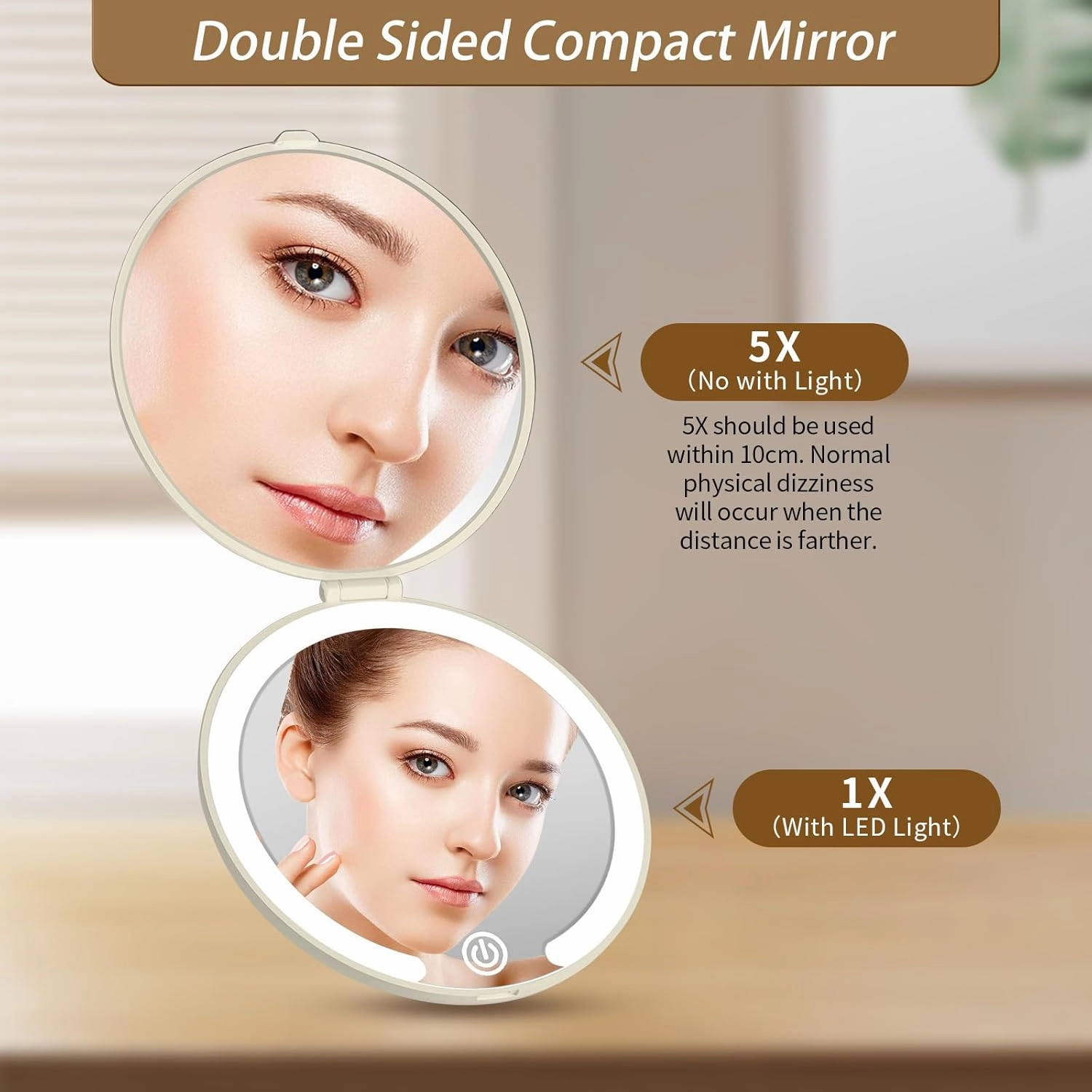 Travel Makeup Mirror with Light 1x/5x Magnification Compact Portable Mirror Mini LED Pocket Mirror Double Sided USB Rechargeable Touch Screen for Handbag Purse Girls Women Gifts Beige