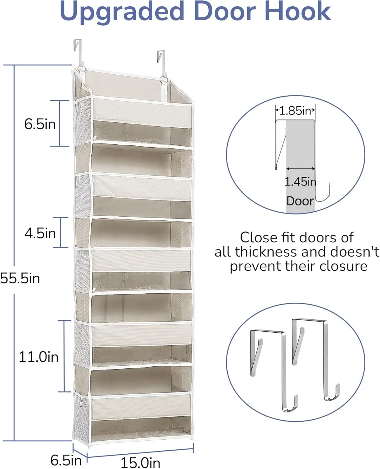 ULG 1-Pack Over Door Organizer with 5 Large Pockets 10 Mesh Side Pockets, 44 lbs Weight Capacity Hanging Storage Organizer with Clear Window for Bedroom Bathroom Kitchen, RV, Camper, Beige