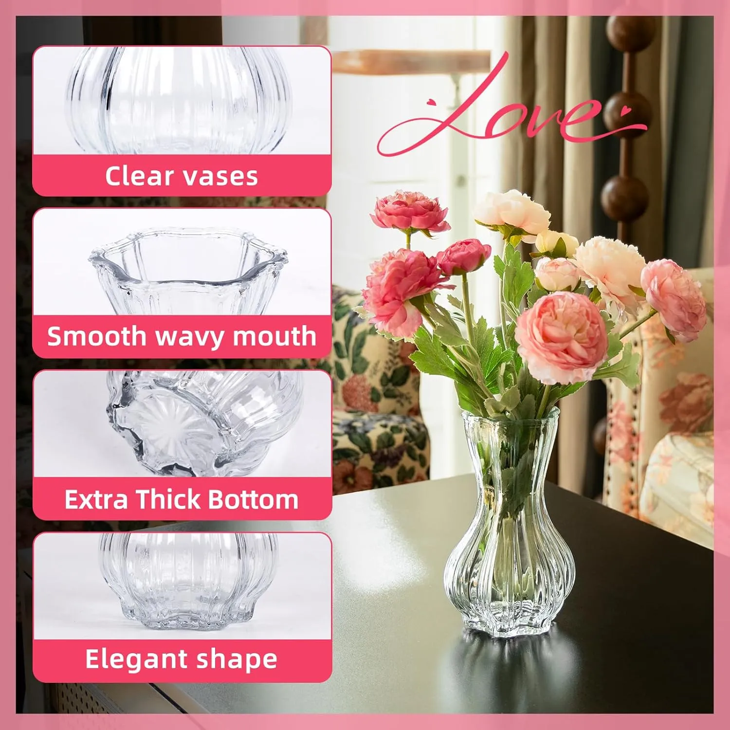 Vases for Flowers,Set of 2 Glass Vase,Clear Vase,8 inches Tall Ribbed Vases for Modern Boho Home Decor,Living Room,Wedding,Table Centerpieces