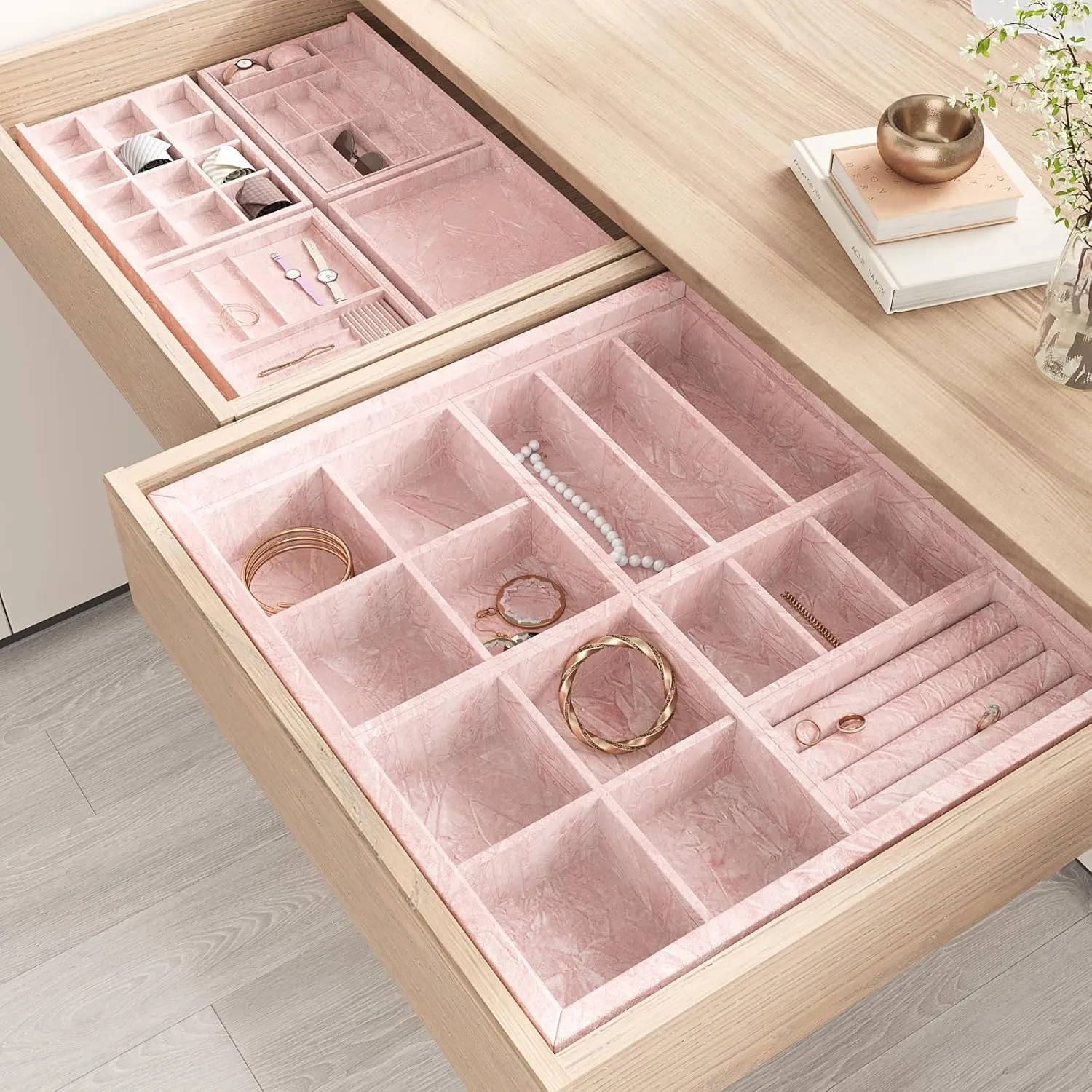 VEELIKE Blush Pink Crushed Velvet Drawer Liner Self Adhesive Velvet Flocking Liner for Dresser Jewelry Drawer Art Crafts 15.7''x118'' Pink Velvet Wallpaper Peel and Stick Removable Lining Fabric Roll