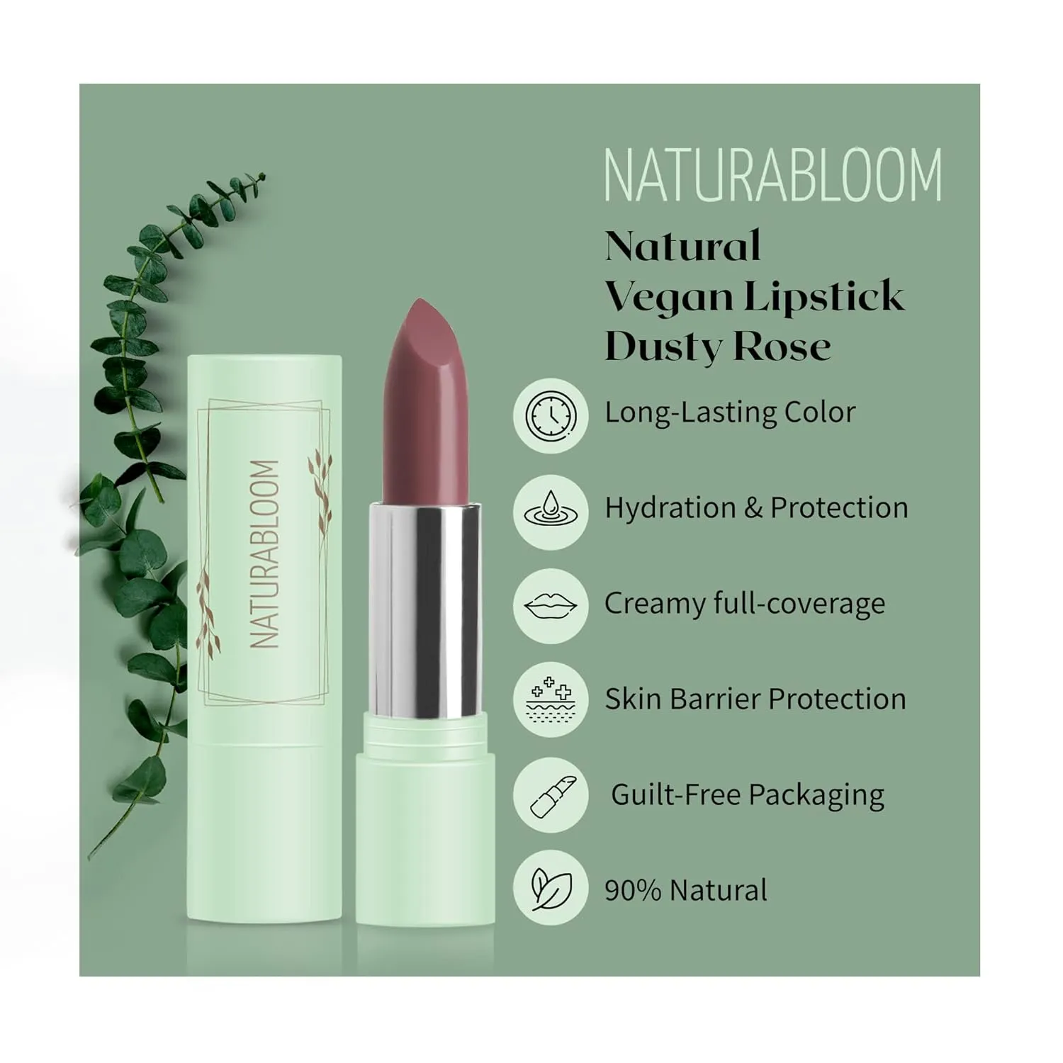 Vegan Lipstick (Dusty Rose) - Sensational One-Stroke Long Lasting Lipstick from Natural Oils & Butters Full-Coverage Lip Color w/Shea Butter & Coconut Extact - Premium Hydrating Lipsticks