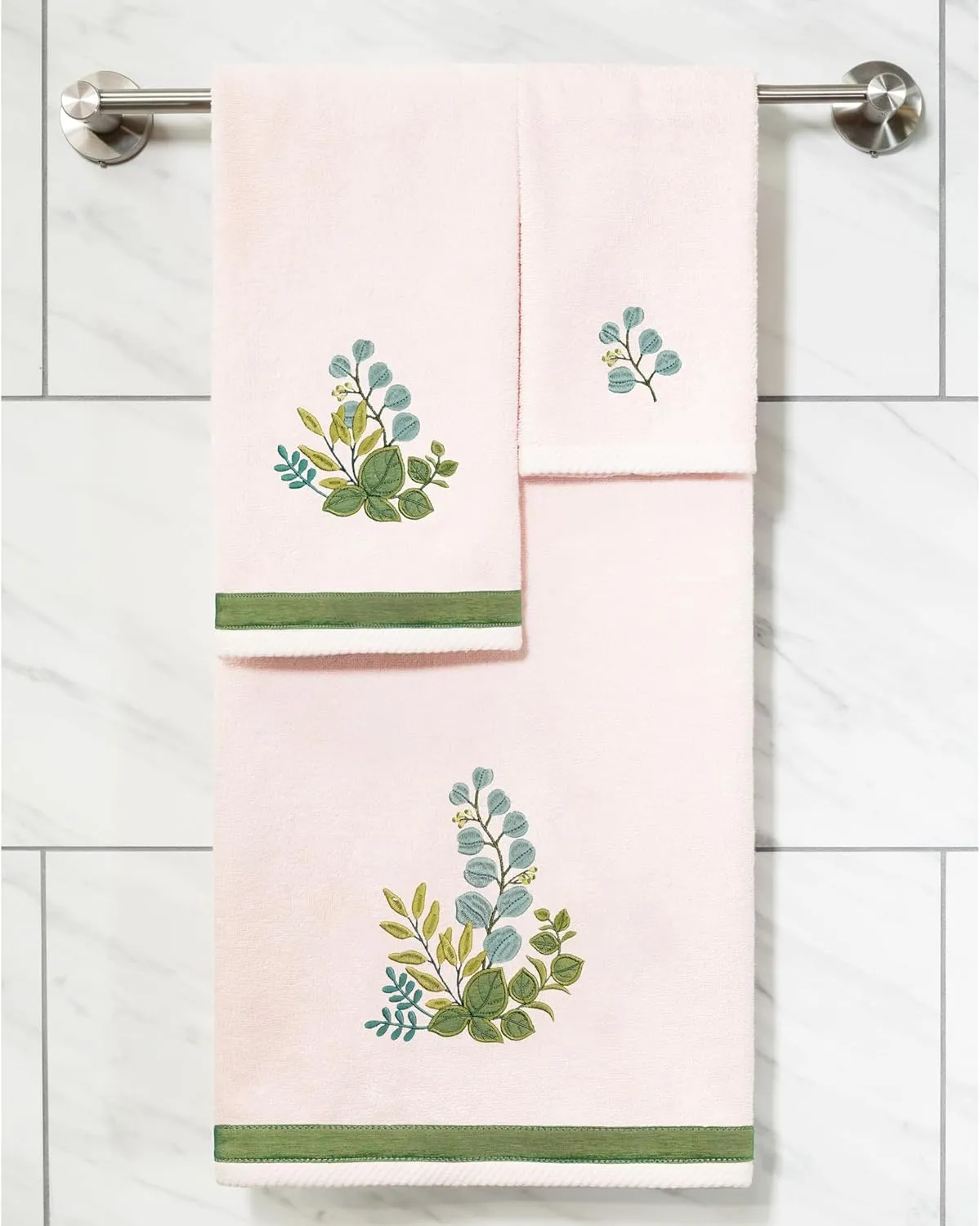 Verdant 3-Piece Mixed Towel Set, Vibrant Embroidered Design, Luxurious Turkish Cotton, Absorbent & Durable, 1 Bath 1 Hand 1 Fingertip Towel, Blush