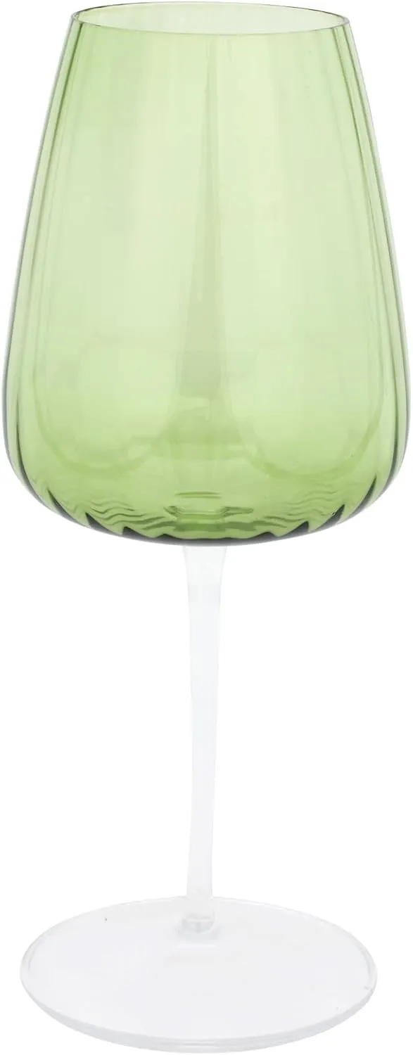 Vietri Francesca Green Wine Glass - 9" H, 18 oz Italian Handmade Ribbed Glassware - Linear Red & White Wine Stemware