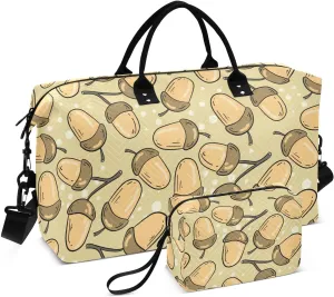 VIGTRO Travel Duffel Bag Weekender Overnight Bag with Toiletry Bag Acorn Light Beige Background Printed, Carry On Luggage Bag for Hospital Gym Travel Business, 2 Pcs Set