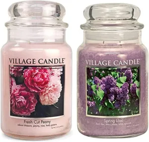 Village Candle Fresh Cut Peony and Spring Lilac Large Glass Apothecary Jar Candle Bundle (2 Pack)