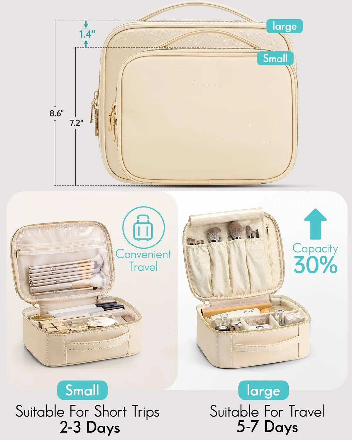 Vlando Travel Makeup Bag,Portable Cosmetic Bag Makeup Case Organizer, Makeup Bag with Adjustable Dividers for Women,Girls,Wedding,Cosmetic Brushes,Toiletry,Gifts,Anniversary-Beige