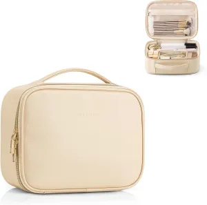 Vlando Travel Makeup Bag,Portable Cosmetic Bag Makeup Case Organizer, Makeup Bag with Adjustable Dividers for Women,Girls,Wedding,Cosmetic Brushes,Toiletry,Gifts,Anniversary-Beige