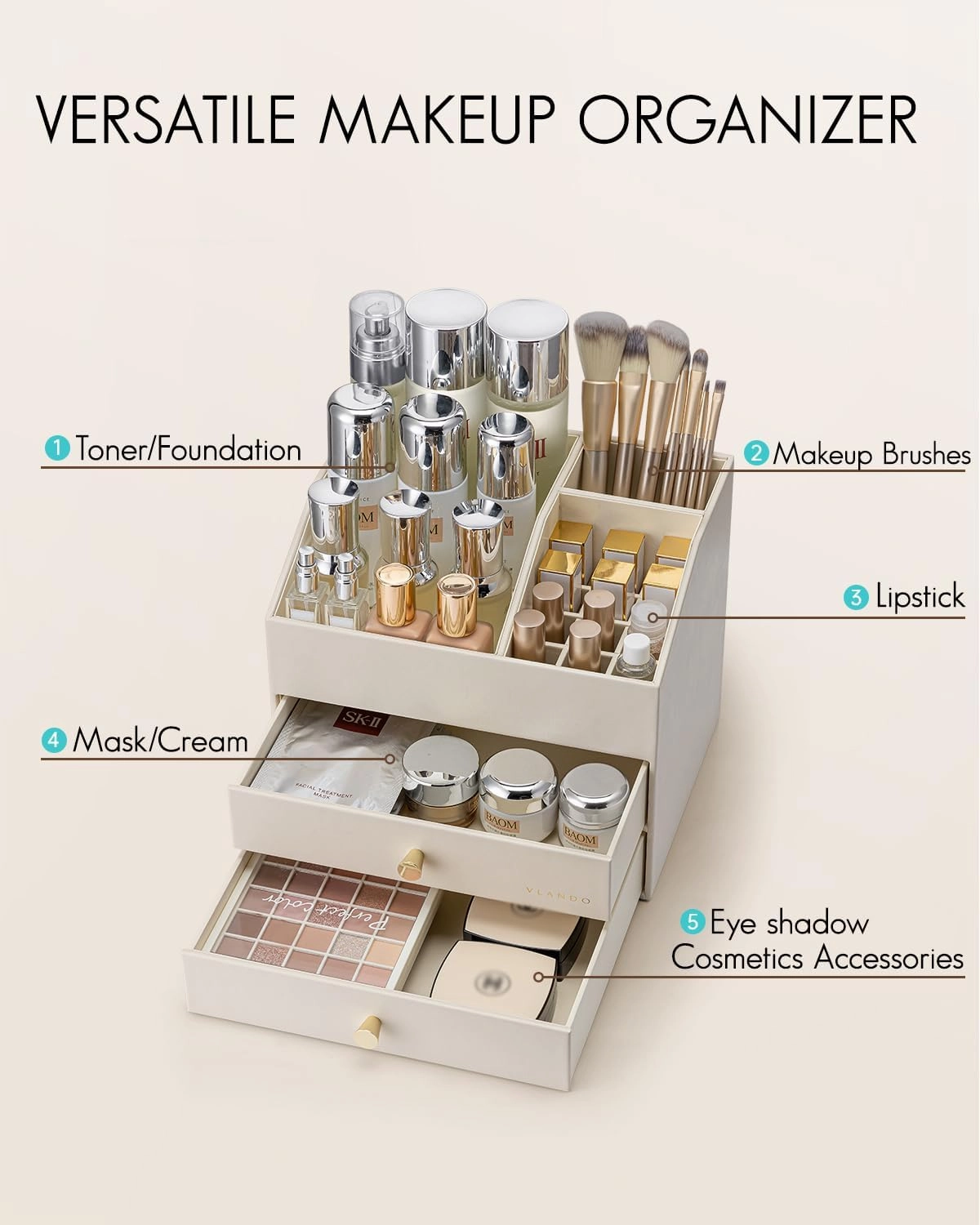 Vlando Makeup Organizer for Vanity,Large Capacity Countertop Organizer with Drawers, PU Leather Cosmetic Display Case for Lipstick,Brushes,Skincare,Bathroom and Bedroom Storage (Beige)