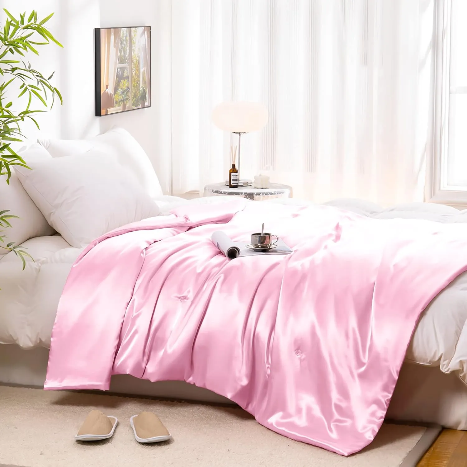 Vonty Satin Throw Blanket Blush Pink 50x60 Inches (with Small Flowers) - Cooling & Silky, Wrinkle-Free Cable Knit for Couch, Sofa, Bed, Outdoor
