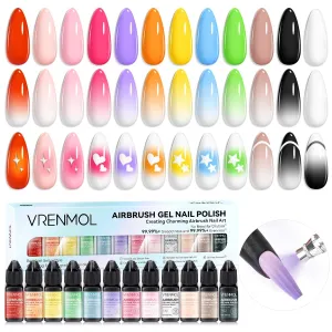 Vrenmol 12PCS Airbrush Gel Nail Polish: No Need for Dilution Airbrush Gel Nail Polish 12 Bright Colors for Airbrush for Nails Art Paint Stencils Patterns Gradients Ombre French Nails Manicure Pedicure