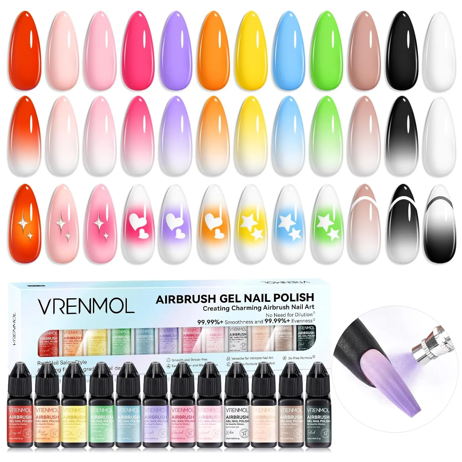Vrenmol 12PCS Airbrush Gel Nail Polish: No Need for Dilution Airbrush Gel Nail Polish 12 Bright Colors for Airbrush for Nails Art Paint Stencils Patterns Gradients Ombre French Nails Manicure Pedicure
