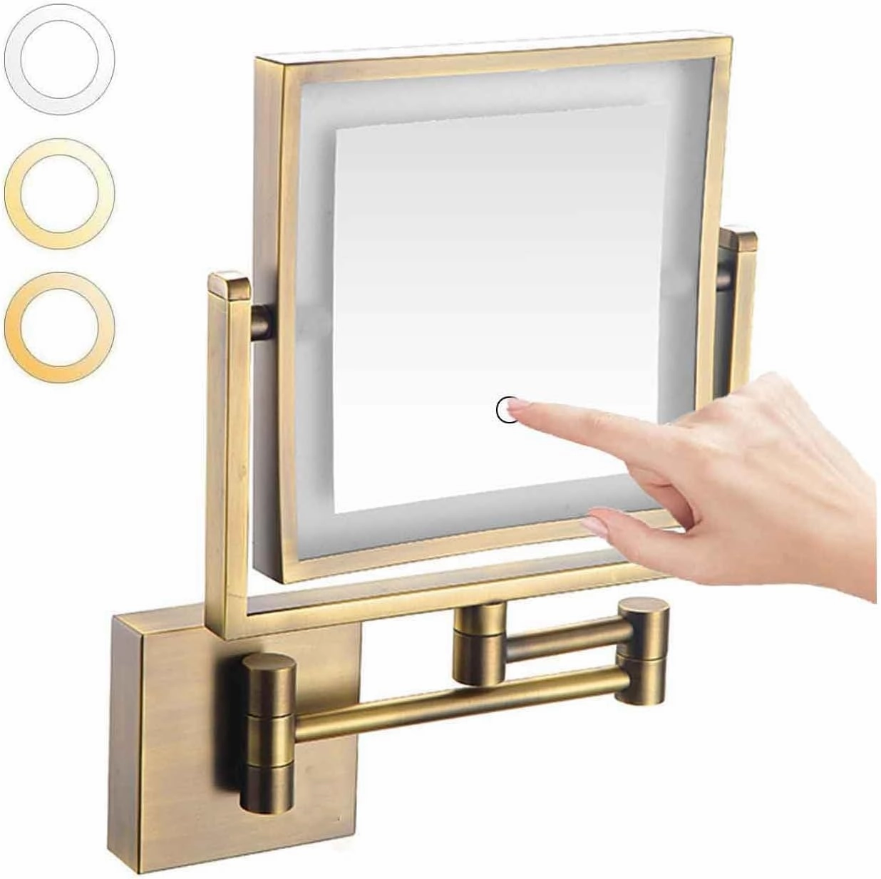 Wall-Mounted Makeup Mirror with Light and Magnification 3X, 2-Sided with 3 Color Led Dimmable, 360 Swivel Extension Shaving for BathroomAntique,Plug