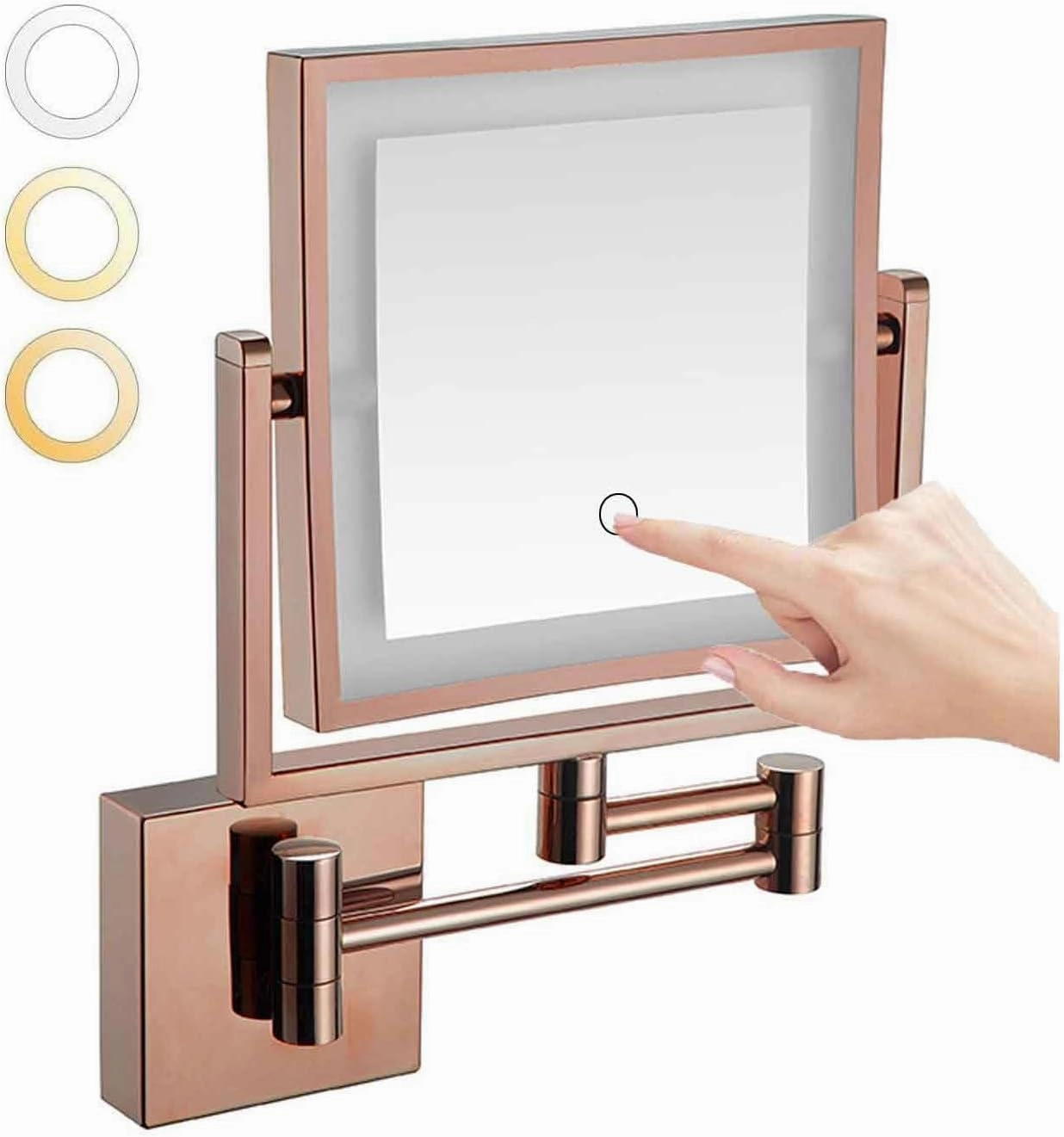 Wall-Mounted Makeup Mirror with Light and Magnification 3X 2-Sided with 3 Color Led Dimmable 360 Swivel Extension Shaving for BathroomRose Gold Plug(Rose Gold,Hardwire)