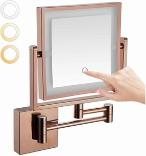 Wall-Mounted Makeup Mirror with Light and Magnification 3X 2-Sided with 3 Color Led Dimmable 360 Swivel Extension Shaving for BathroomRose Gold Plug(Rose Gold,Hardwire)
