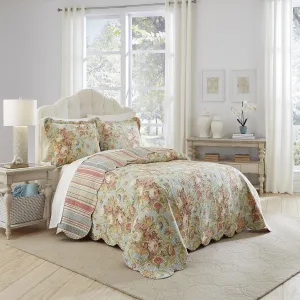 Waverly Spring Bling Modern Farmhouse Floral 3-Piece Reversible Quilt Bedpread Set, King, Vapor