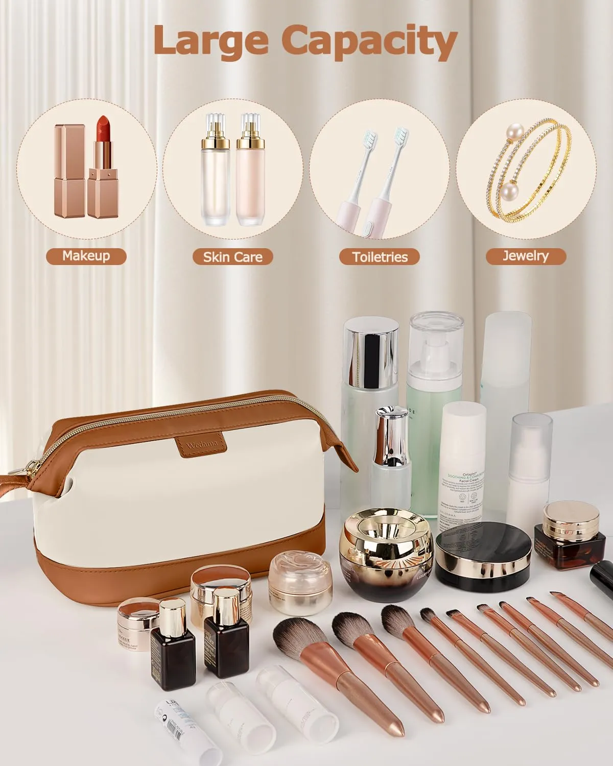 Wedama Makeup Bag, Large Capacity Travel Cosmetic Bag, PU Leather Makeup Pouch Wide Open Make up Organizer Bag Portable Makeup Case Waterproof Toiletry Bag with Handle for Women Girls, Beige