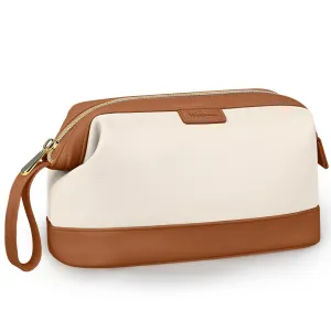 Wedama Makeup Bag, Large Capacity Travel Cosmetic Bag, PU Leather Makeup Pouch Wide Open Make up Organizer Bag Portable Makeup Case Waterproof Toiletry Bag with Handle for Women Girls, Beige