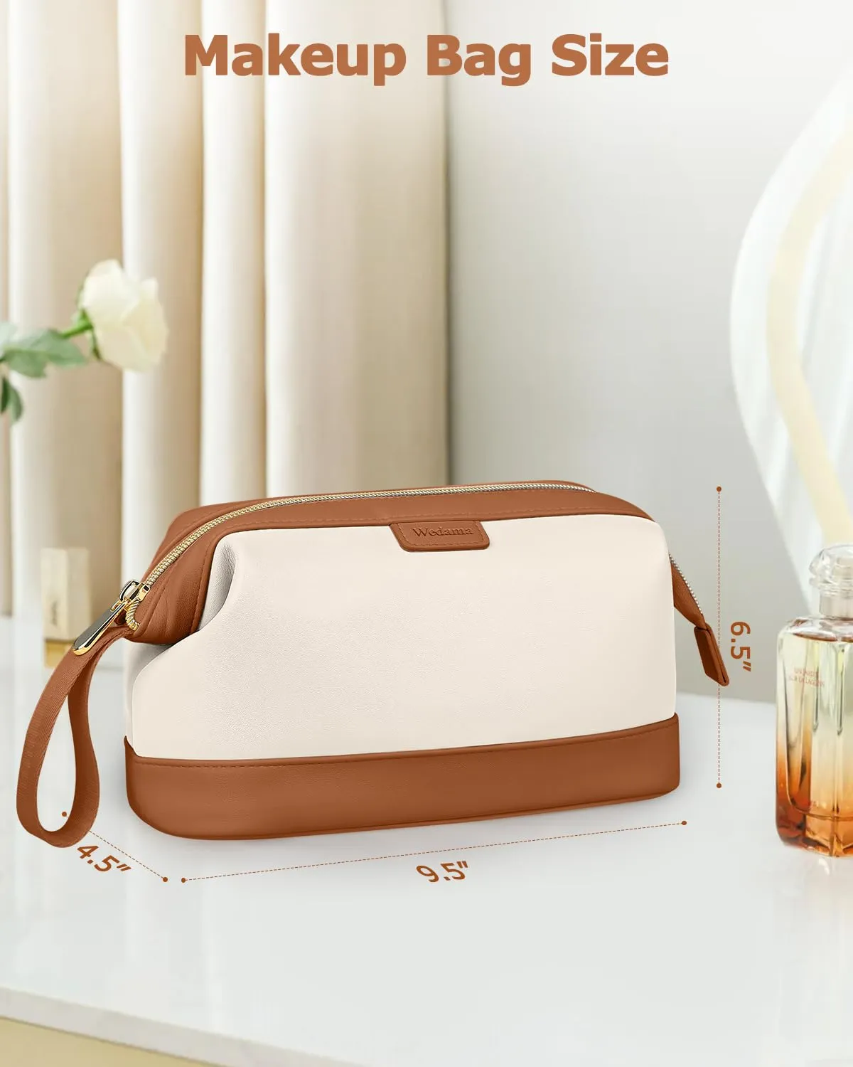 Wedama Makeup Bag, Large Capacity Travel Cosmetic Bag, PU Leather Makeup Pouch Wide Open Make up Organizer Bag Portable Makeup Case Waterproof Toiletry Bag with Handle for Women Girls, Beige