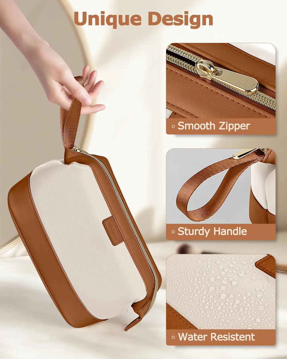 Wedama Makeup Bag, Large Capacity Travel Cosmetic Bag, PU Leather Makeup Pouch Wide Open Make up Organizer Bag Portable Makeup Case Waterproof Toiletry Bag with Handle for Women Girls, Beige